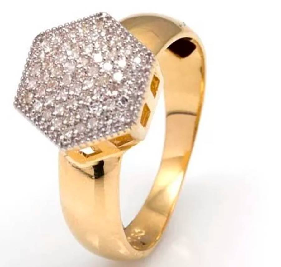 Anel De Ouro 18k Pavê Hexágono Com Zircônias