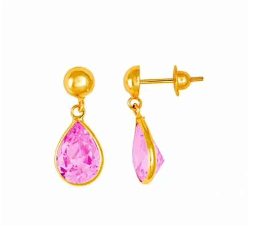 Brinco De Ouro 18k Bolinha Com Gota De Zircônia Rosa