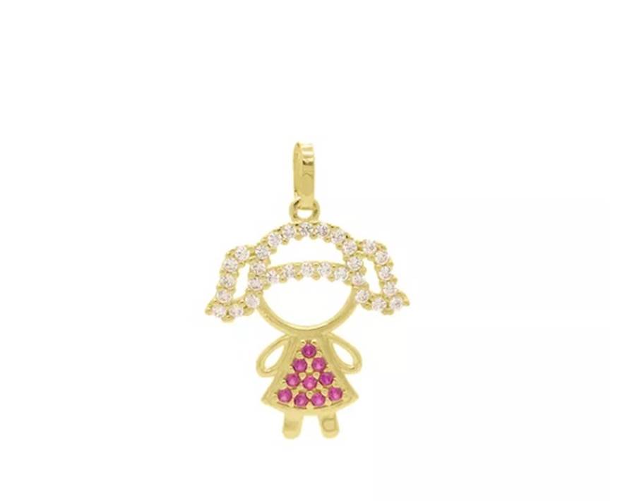 Pingente De Ouro 18k Menina Vestido Zircônias Rosa