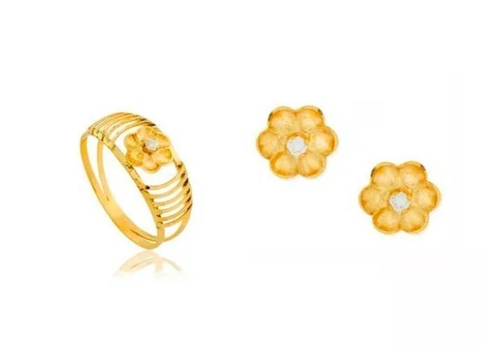 Conjunto Anel e Brinco De Ouro 18k Flor