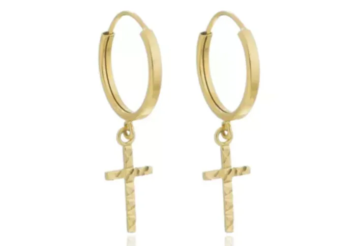 Brinco de Ouro 18k Argola com Pingente Crucifixo