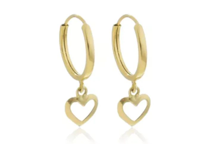 Brinco de Ouro 18k Argola com Pingente de Coração P